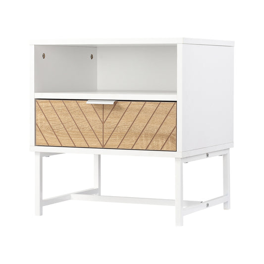 HOMCOM Modern Bedside Table with Drawer, Nightstand with Storage Shelf, Sofa End Table for Bedroom, White and Oak