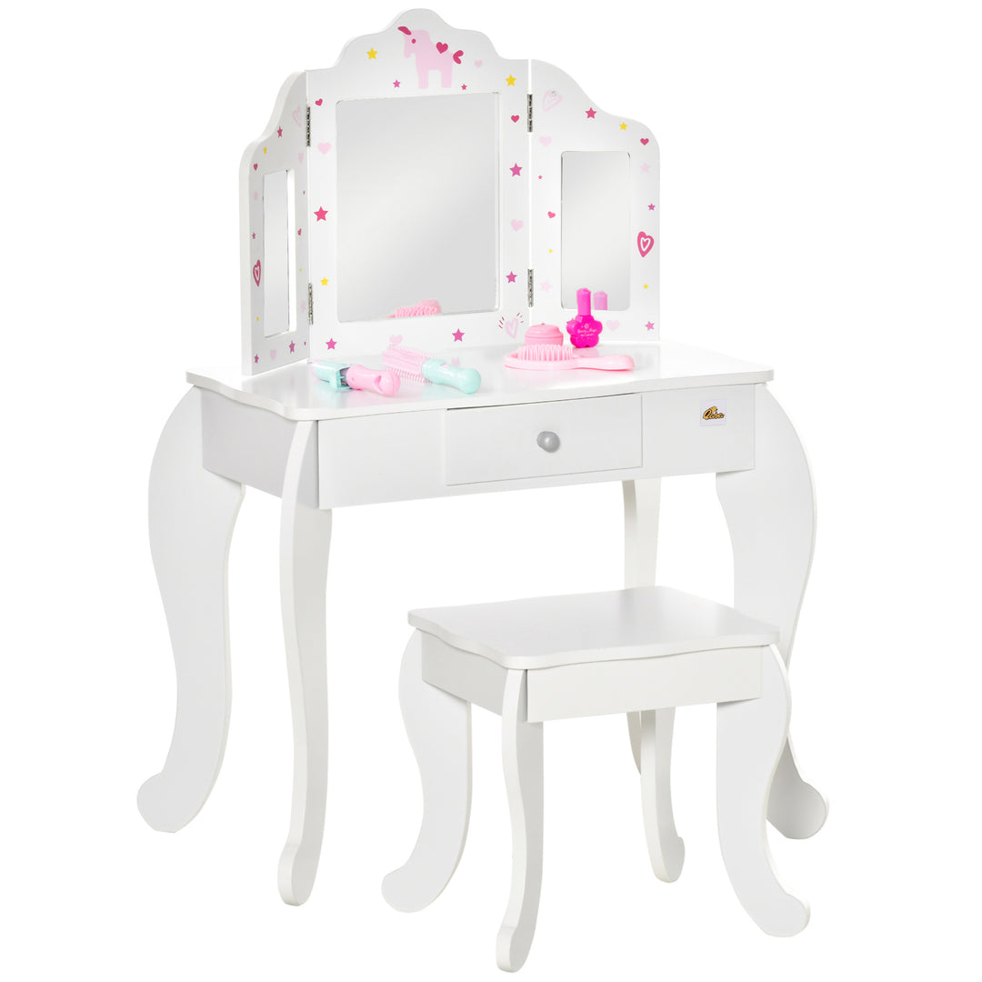 Qaba Kids Vanity Table and Stool, Makeup Vanity Girls Dressing Table Set with Tri-folding Mirrors Drawer Star and Heart Pattern, White