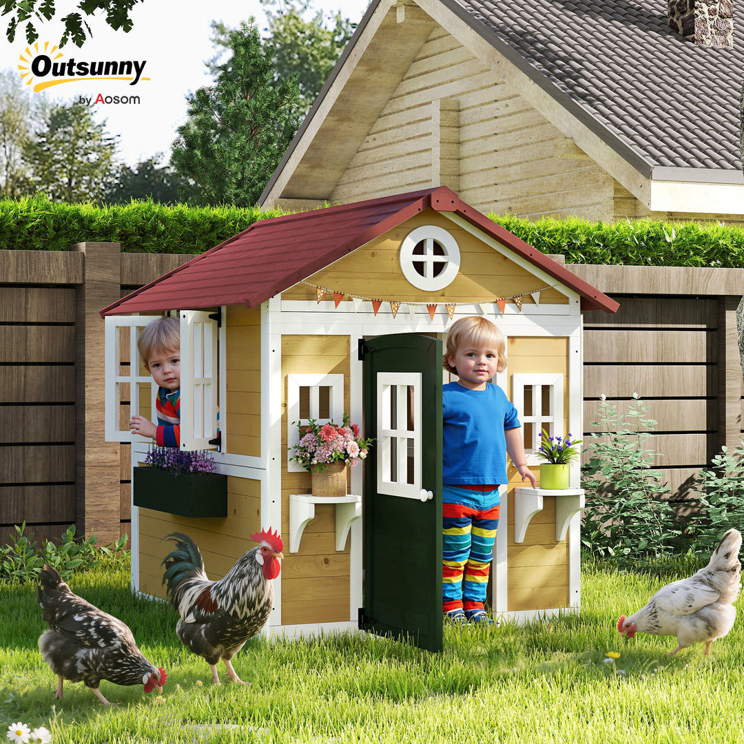 Outsunny Wooden Playhouse for Kids Outdoor with Door, Windows, Planter Pots and Boxes for Toddlers 3-8 Years, Beige