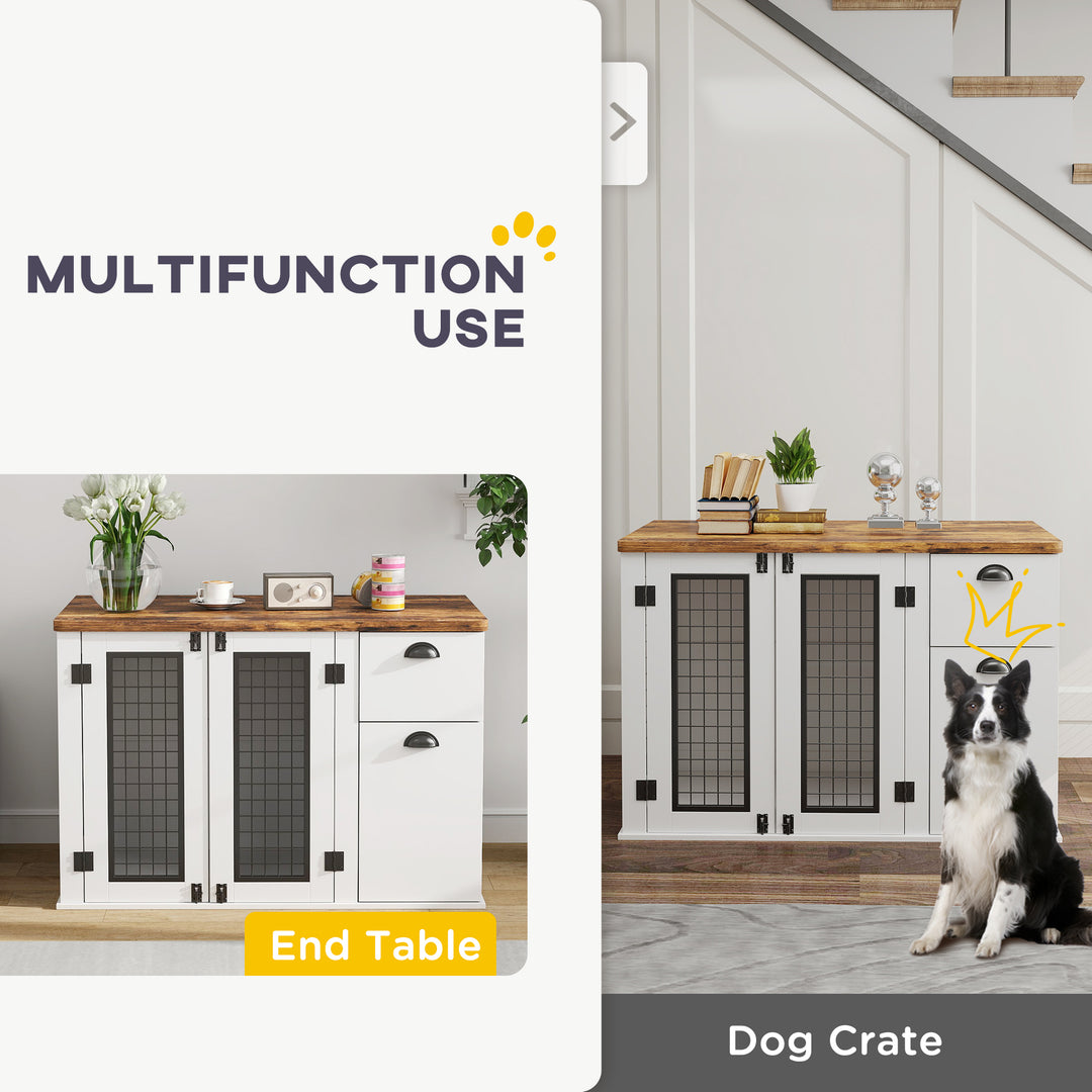 PawHut 44" Dog Crate Furniture with Double Doors, Storage Drawer, for Medium Dogs, White