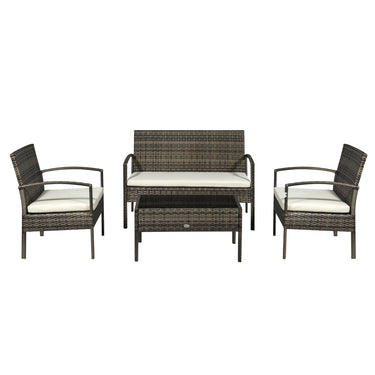 Outsunny 4 Pieces Patio Furniture Sets with A Loveseat, Two Armchairs and A Coffee Table, Outdoor Conversation Set with Glass Top Table, Grey PE Rattan and Cream White Cushions