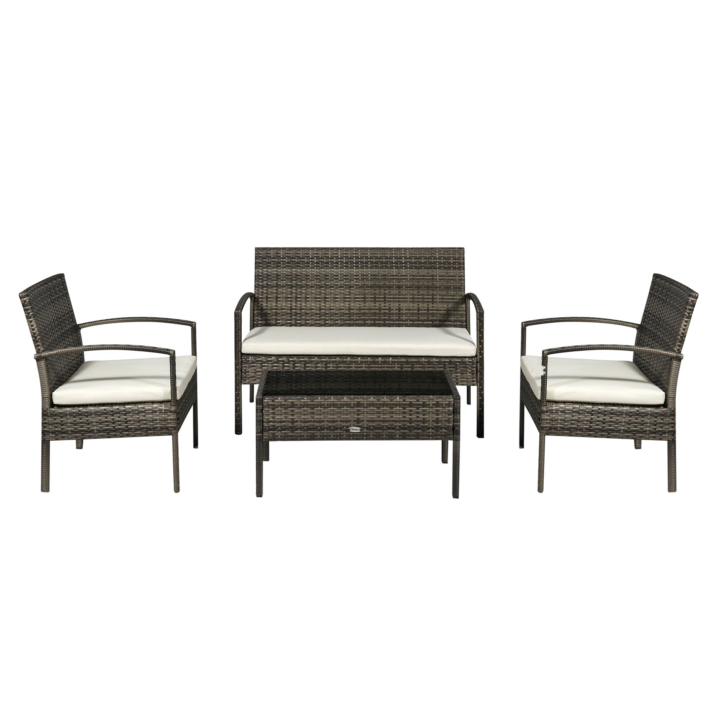 Outsunny 4 Pieces Patio Furniture Sets with A Loveseat, Two Armchairs and A Coffee Table, Outdoor Conversation Set with Glass Top Table, Grey PE Rattan and Cream White Cushions