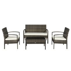 Outsunny 4 Pieces Patio Furniture Sets with A Loveseat, Two Armchairs and A Coffee Table, Outdoor Conversation Set with Glass Top Table, Grey PE Rattan and Cream White Cushions