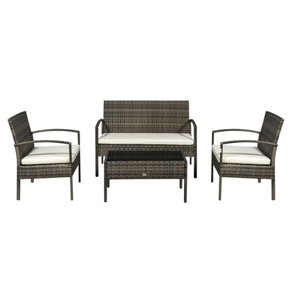 Outsunny 4 Pieces Patio Furniture Sets with A Loveseat, Two Armchairs and A Coffee Table, Outdoor Conversation Set with Glass Top Table, Grey PE Rattan and Cream White Cushions