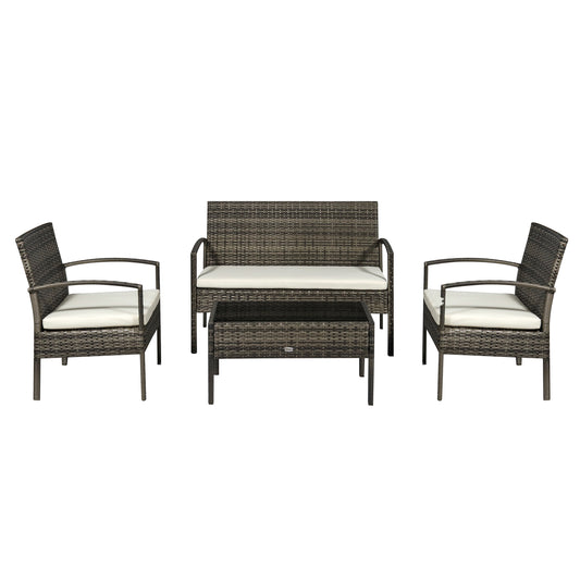 Outsunny 4 Pieces Patio Furniture Sets with A Loveseat, Two Armchairs and A Coffee Table, Outdoor Conversation Set with Glass Top Table, Grey PE Rattan and Cream White Cushions