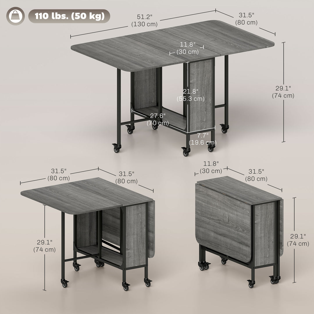 HOMCOM Folding Dining Table, Extendable Kitchen Table for Small Spaces with Storage Shelf and 6 Wheels, Light Brown