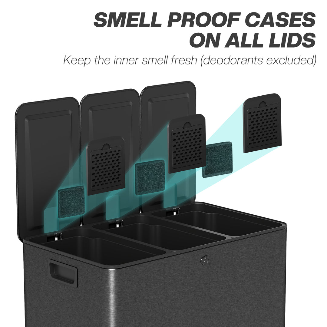 HOMCOM Triple Garbage Bin, Soft-Close Trash Can with Foot Pedal, 3 x 20 Liter Garbage Can with Removable Inner Buckets, Silver