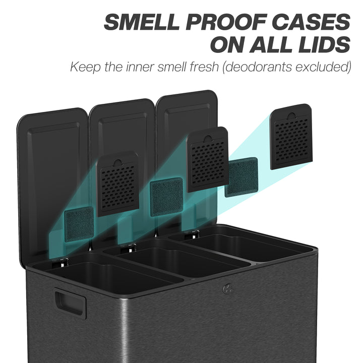 HOMCOM Triple Garbage Bin, Soft-Close Trash Can with Foot Pedal, 3 x 20 Liter Garbage Can with Removable Inner Buckets, Silver