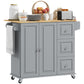 HOMCOM Kitchen Island with Drop Leaf, Rolling Kitchen Cart on Wheels with 3 Drawers, Cabinet, Natural Wood Top, Spice Rack and Towel Rack, White