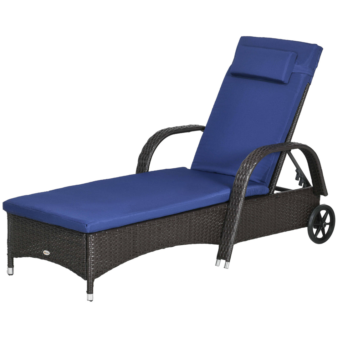Outsunny Outdoor Lounger, Deck Lounge Chair with Headrest, 5-Level Adjustable, Backrest, Wheels, Deep Coffee and Navy Blue