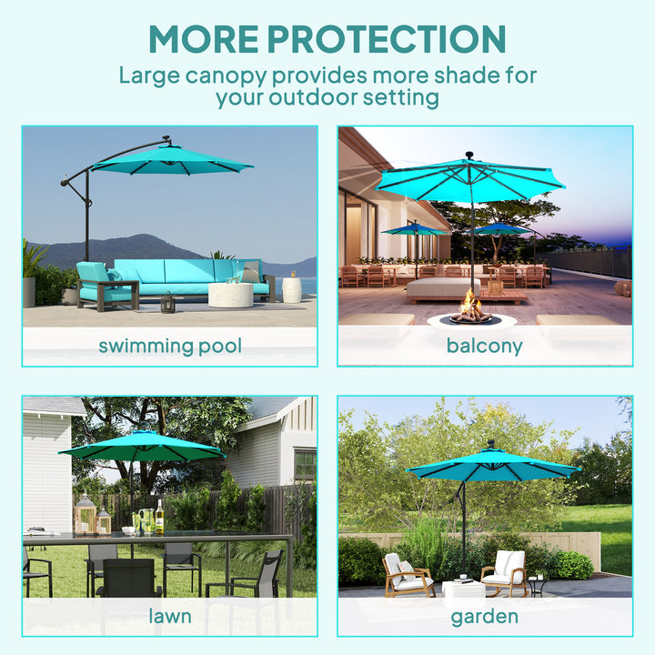 Outsunny 10ft Outdoor Cantilever Umbrella Banana Umbrella with Solar Lights and Adjustable Angle for Patio Backyard Turquoise