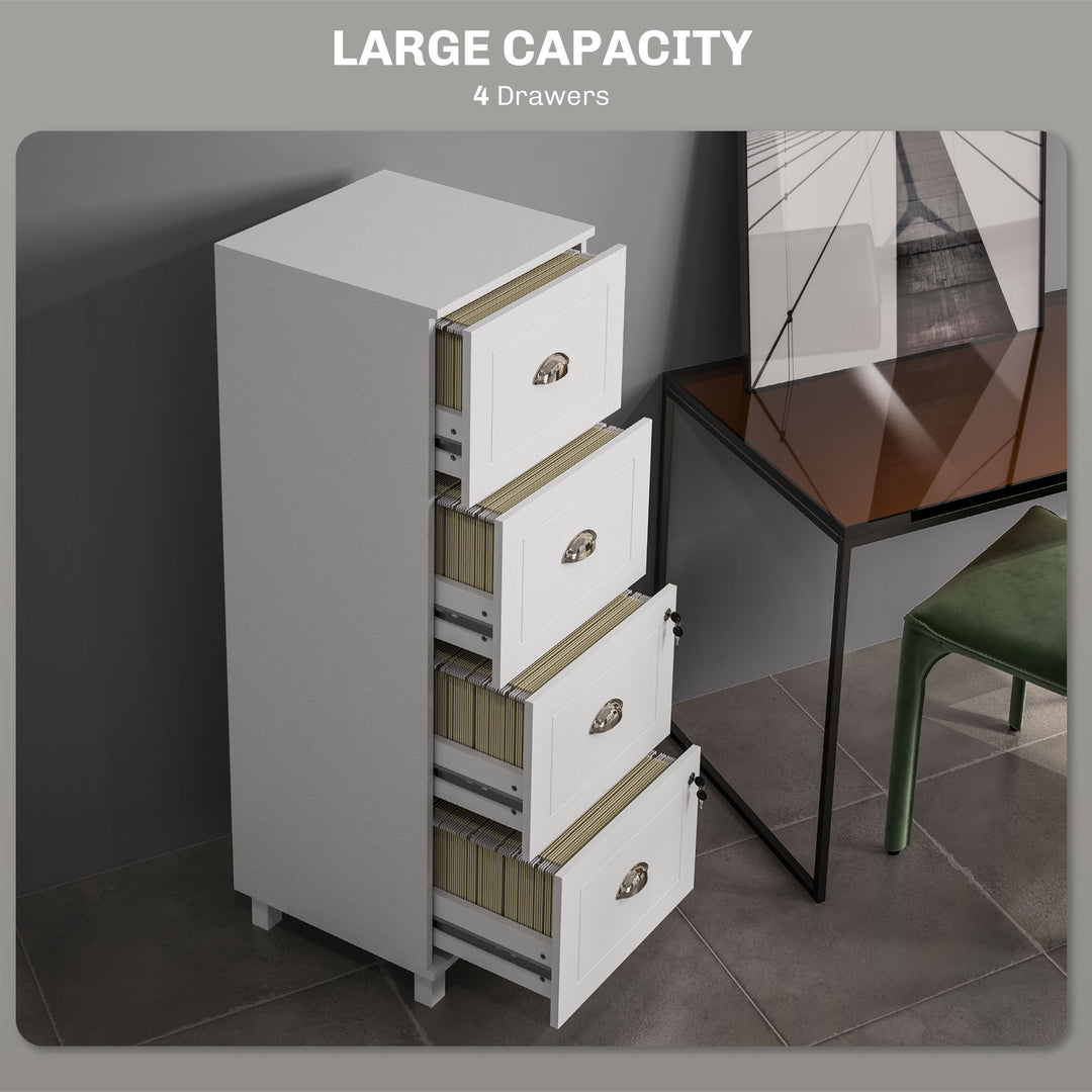 HOMCOM 4 Drawer File Cabinet with Lock, Office Filing Cabinet, A4 Letter Size, Hanging File Folders, White