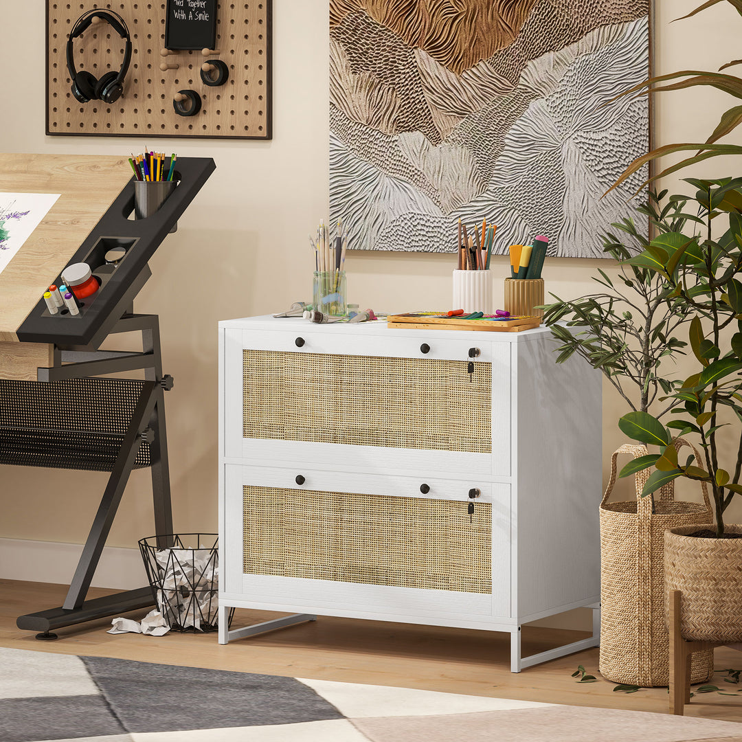 Vinsetto 2-Drawer Filing Cabinet with Lock, Rattan File Cabinet with Adjustable Hanging Bar, Natural