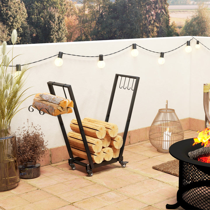 Outsunny 31 Inch Firewood Rack Outdoor, Heavy Duty Log Rack with Swivel Casters, Indoor Fire Wood Holders for Fireplace, Black