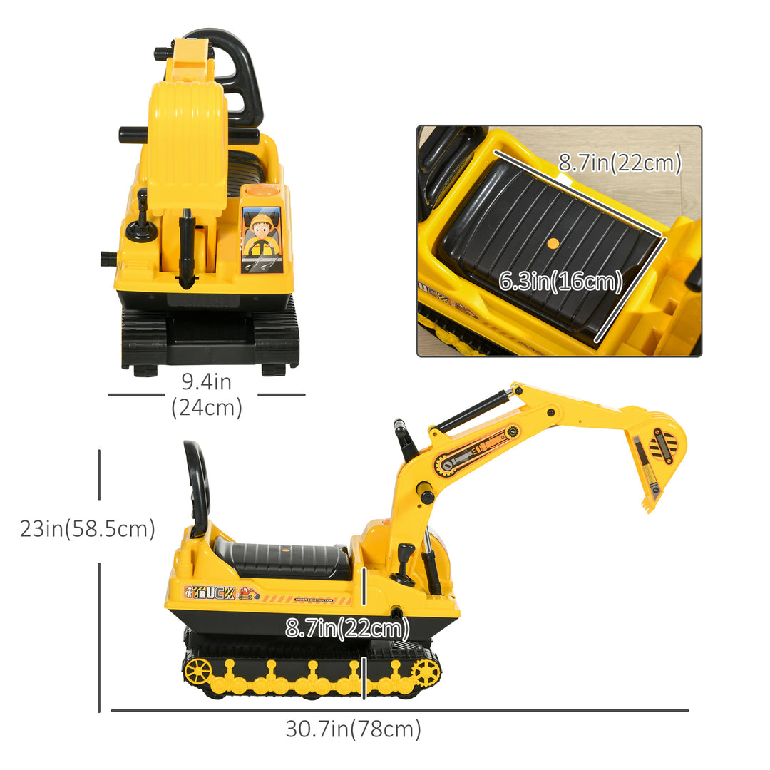 Qaba Toy Excavator Large Safe Educational Kids Construction Vehicle with Under Seat Storage, Realistic Sound, Treaded Wheels, No Power Design, Yellow