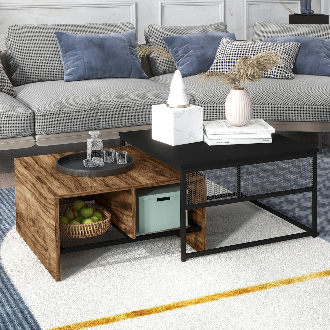 HOMCOM Coffee Table Set of 2, Industrial Nesting Tables, Square Coffee Table and Narrow Sofa Side Table for Living Room