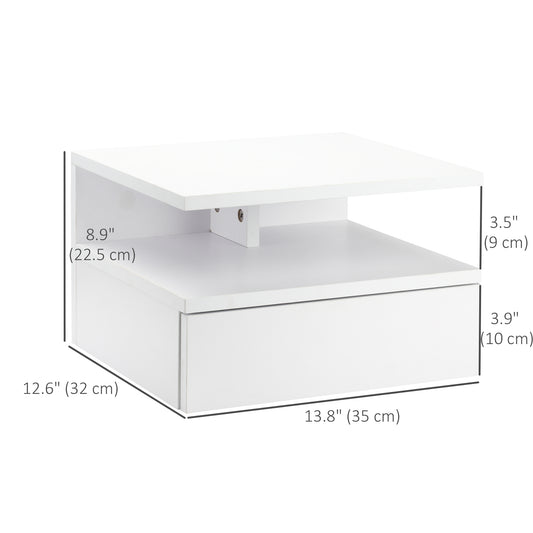 HOMCOM Set of Two Floating Bedside Tables with Drawer and Open Shelf for Bedroom, White