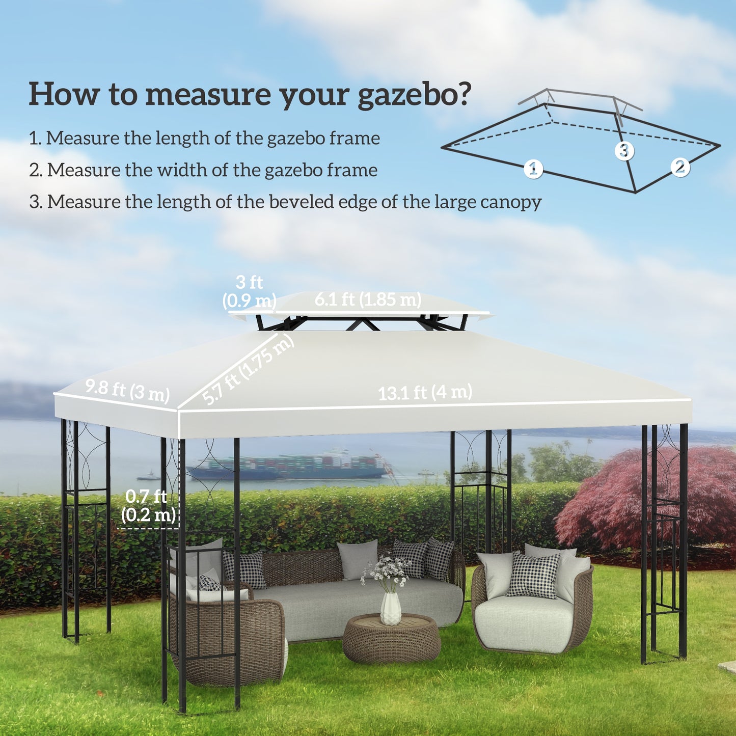 Outsunny 13' x 10' Gazebo Replacement Canopy, 2 Tier Top Roof Garden Pavilion UV Cover, Brown (TOP ONLY)