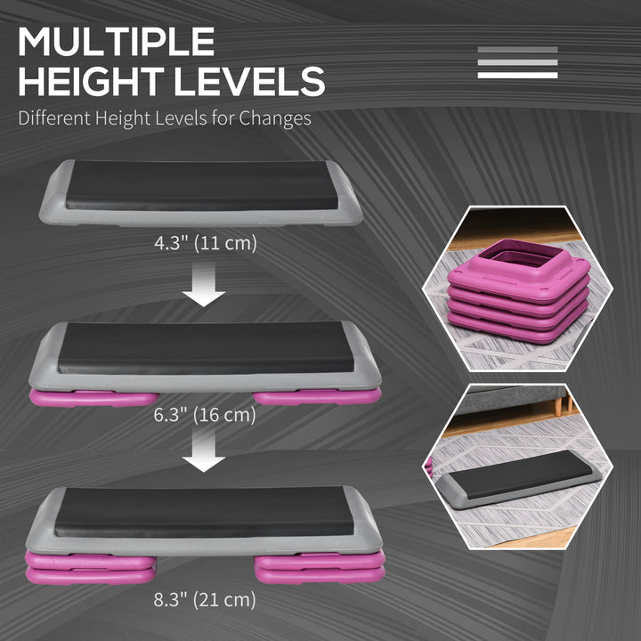 Soozier 43" Adjustable Aerobic Platform Stepper 3 Level with Risers 4” 6” 8” Cardio Fitness Trainer Workout Step Home Gym Exercise, Black Purple