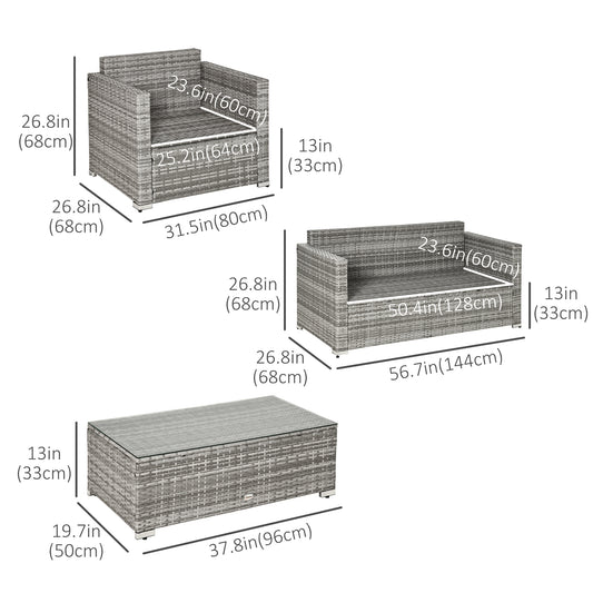 Outsunny 4 Pieces Patio Wicker Sofa Set, Outdoor PE Rattan Extra Wide Seat Conversation Furniture w/ Tempered Glass Table-top & Thick Padded Cushion for Garden, Backyard, Lawn, Mixed Grey