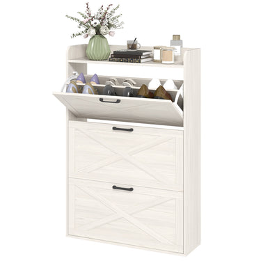 HOMCOM Narrow Shoe Storage Cabinet Farmhouse Shoe Cabinet with 3 Flip Drawers Adjustable Shelves for Entryway White Oak