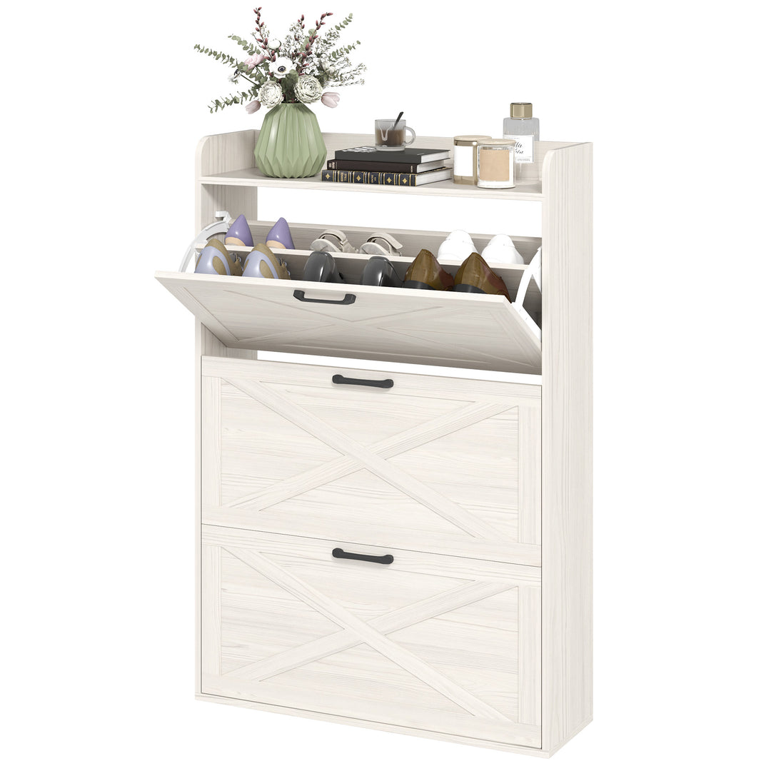 HOMCOM Narrow Shoe Storage Cabinet Farmhouse Shoe Cabinet with 3 Flip Drawers Adjustable Shelves for Entryway White Oak
