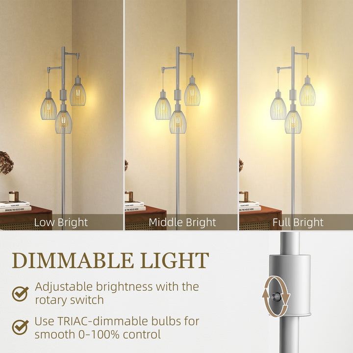 HOMCOM Industrial Floor Lamp with 3 Hanging Wire Lampshades, Dimmable Standing Lamp for Living Room, Bedroom, Dining Room, Study, Black