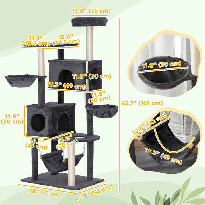 PawHut 66 Inch Large Cat Tree with 2 Door Condos, 3 Big Hammocks, Plush Top Perch, Sisal Scratching Posts, Light Grey