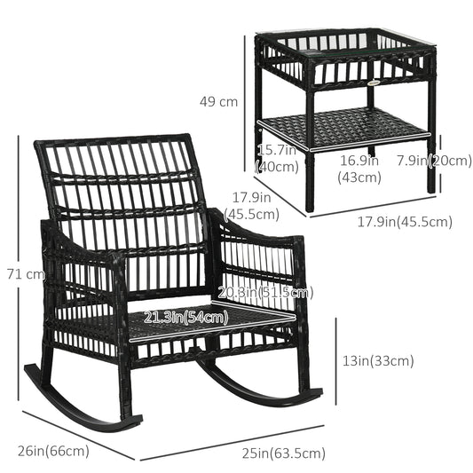 Outsunny 3 Pieces Outdoor PE Rattan Rocker Chair Set, Rocking Chair with Tempered Glass Table Top,25"x26"x28", Turquoise Green