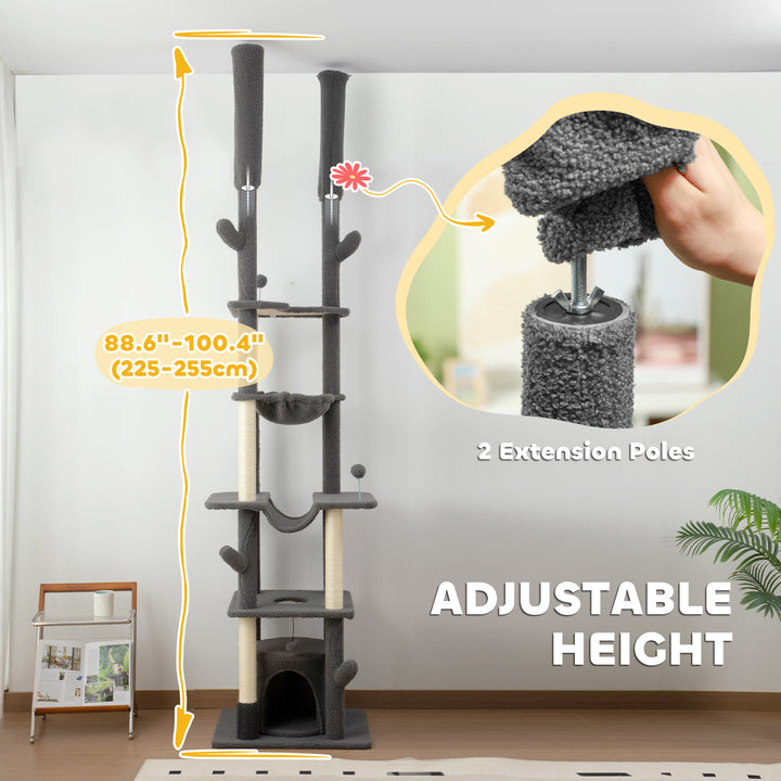 PawHut 89"-100" Floor to Ceiling Cat Tree Cat Tower for Large Cats w/ Scratching Posts, Grooming Brush Post, Cat Condo, Green