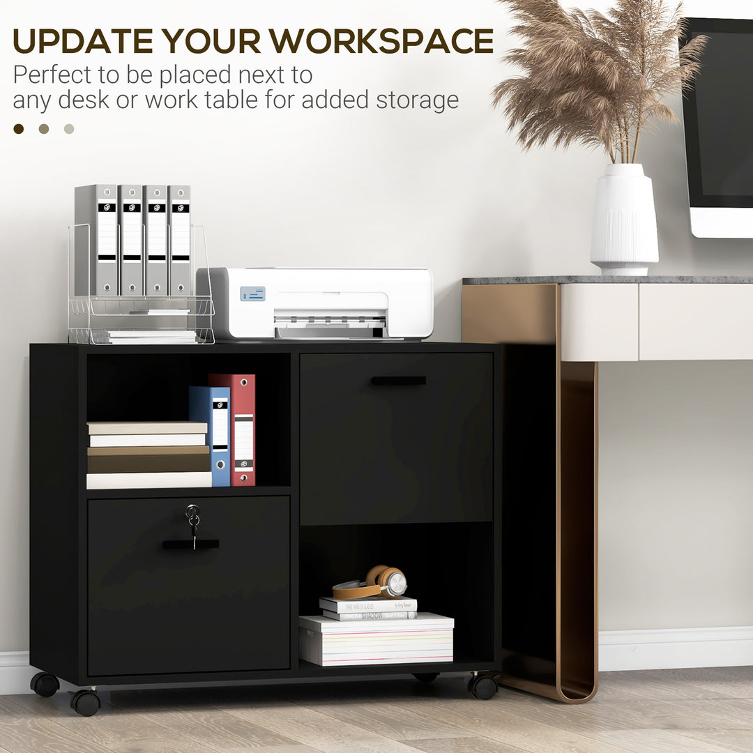 Vinsetto Lateral Filing Cabinet with Drawers and Lock, File Cabinet, Mobile Printer Stand with Open Shelves and Wheels for Letter and A4 Size Documents, White