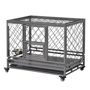 PawHut Heavy Duty Dog Crate w/ Wheels, Openable Top, Removable Tray, Bowl, for Large Dogs-Sized Dogs, 36.4" x 24.4" x 31.1"