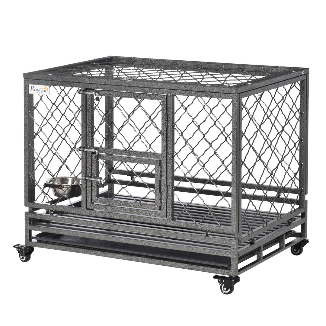 PawHut Heavy Duty Dog Crate w/ Wheels, Openable Top, Removable Tray, Bowl, for Large Dogs-Sized Dogs, 36.4" x 24.4" x 31.1"