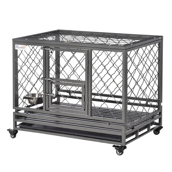 PawHut Heavy Duty Dog Crate w/ Wheels, Openable Top, Removable Tray, Bowl, for Large Dogs-Sized Dogs, 36.4" x 24.4" x 31.1"