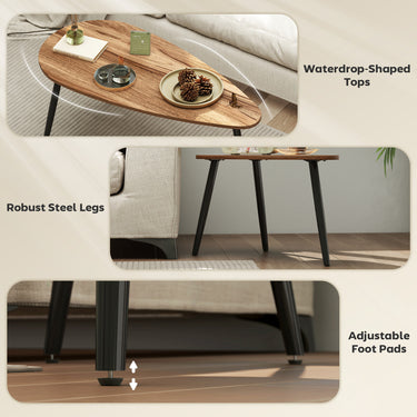 HOMCOM 2 Pieces Coffee Table Set for Living Room, Industrial Nest of Tables with Steel Legs, Brown