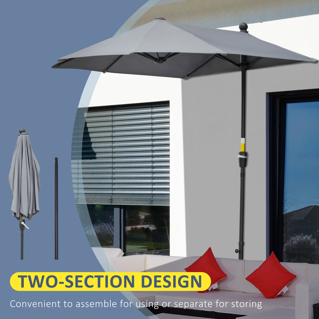 Outsunny 6.6 x 6ft Half Patio Umbrella Outdoor Parasol with Double-Sided Canopy, Crank Handle, Base for Garden, Balcony, Grey
