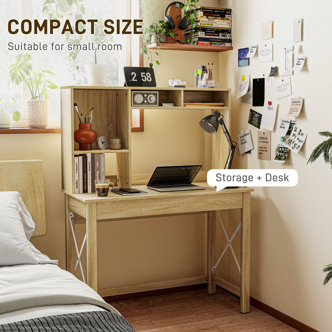 HOMCOM Computer Desk with Hutch, Home Office Table with Storage Shelves and Open Compartments for Writing, Work, Brown