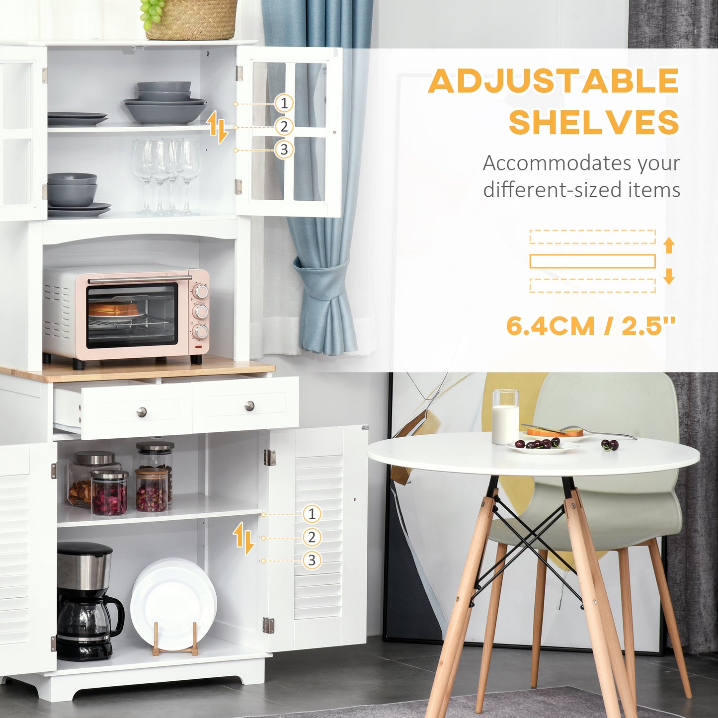 HOMCOM Coastal Style Kitchen Buffet and Hutch Wooden Storage Cupboard with Framed Glass Door LouveredCabinet  Drawers Microwave Space for Dining Room  Living Room  White