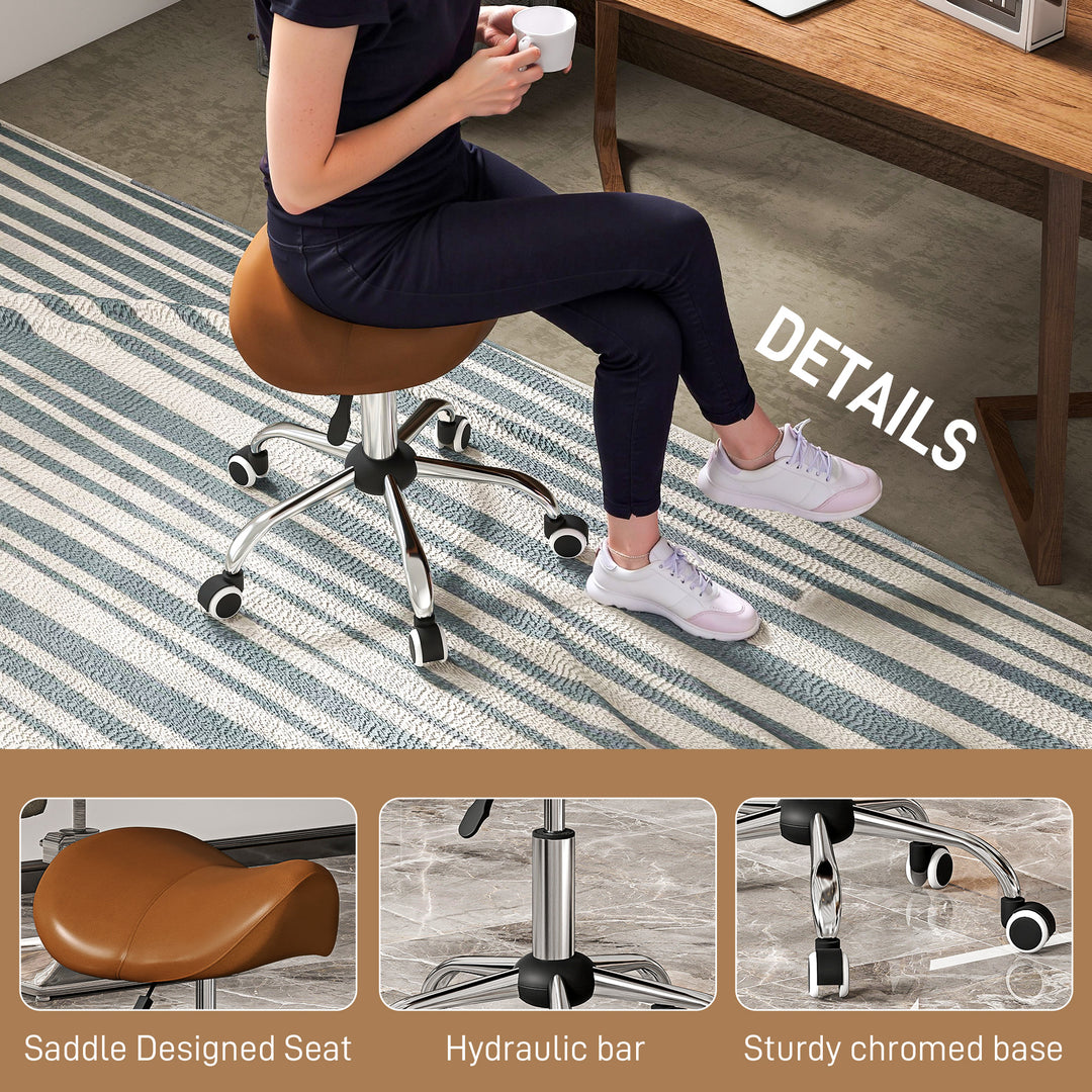 HOMCOM Cosmetic Stool 360° Rotate Height Adjustable Salon Massage Spa Chair Hydraulic Rolling Faux Leather Saddle Stool Mobility, Cream White