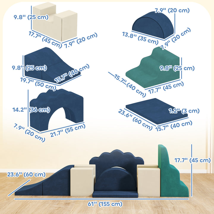 Qaba 7-Piece Baby Soft Play Set, Indoor Soft Play Gym Activity Play Set for Crawling, Sliding and Playing, Navy Blue