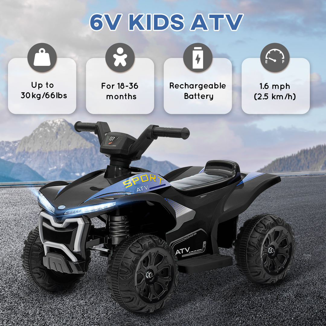 Qaba Kids ATV, 6V Battery Powered Electric Vehicle with Headlights, Music, Forward/Reverse Switch for 18-36 Months, Black