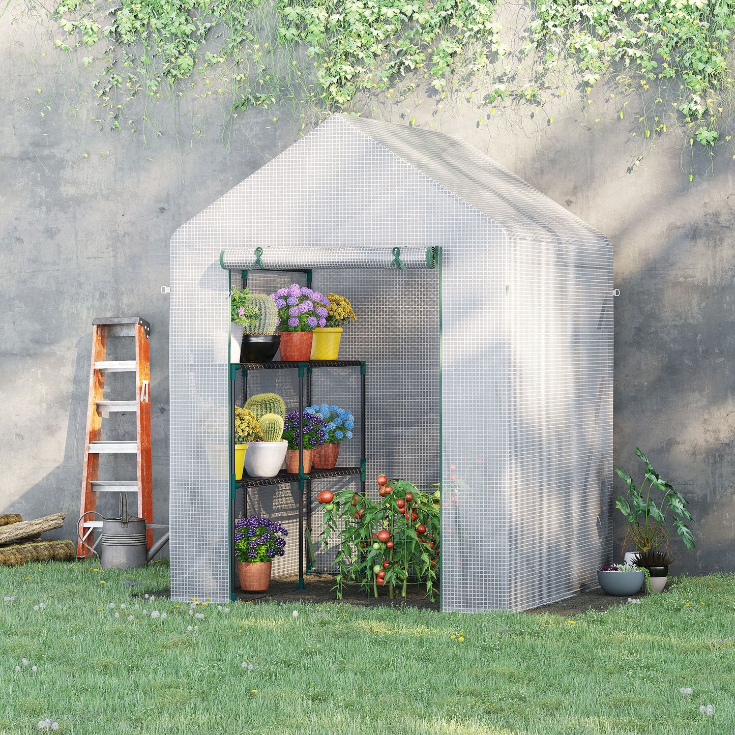 Outsunny 56" x 56" Walk-in Greenhouse Outdoor, Portable Gardening Plant Hot House with 2-Tier Shelf, Green