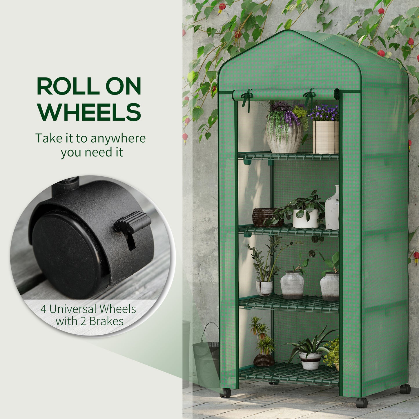 Outsunny Portable Greenhouse, Outdoor Hot House Plant Flower Greenhouse with 4 Tier Shelves, Steel Frame, PE Cover, Dark Green