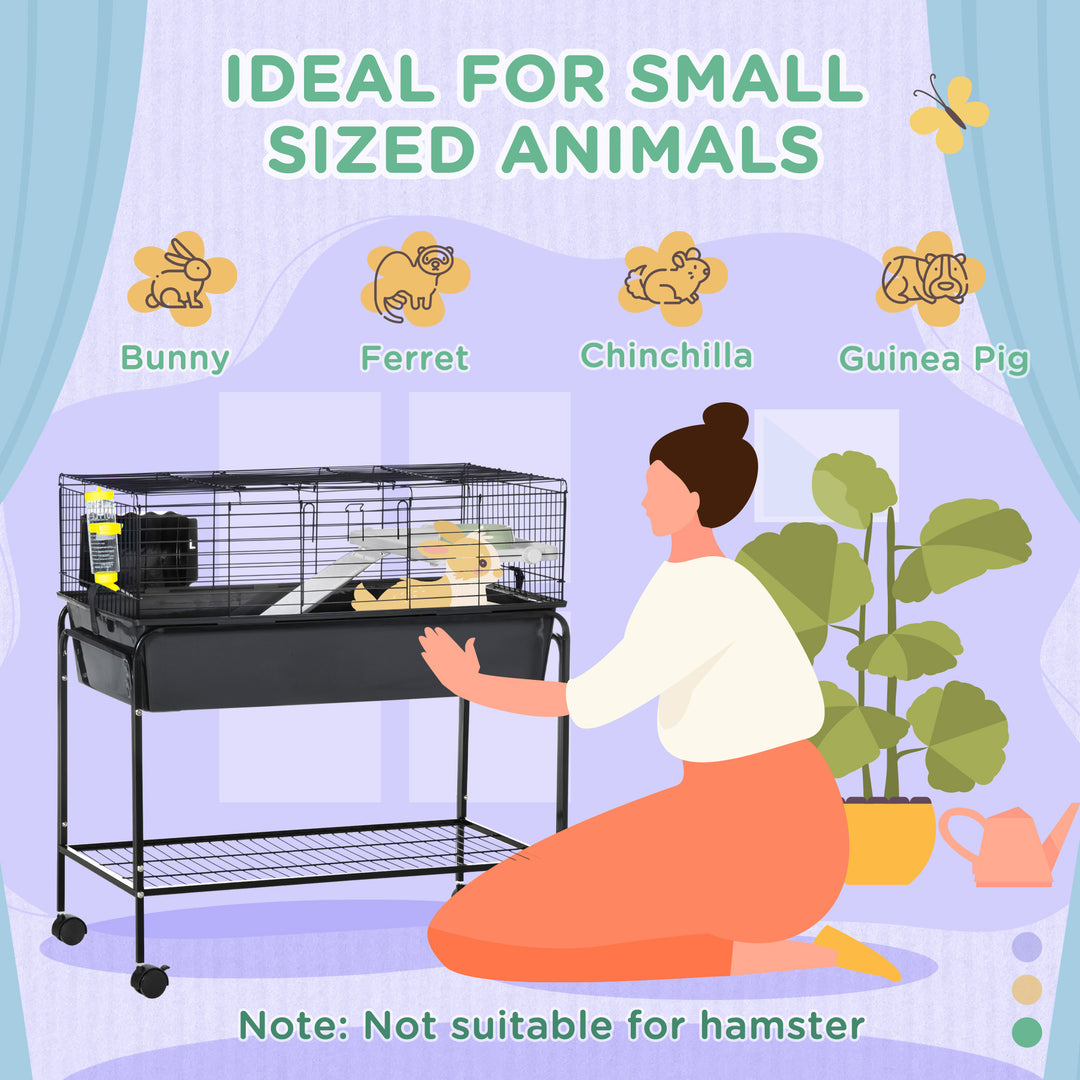 PawHut 35" Small Animal Cage Rolling Guinea Pig Cage with Detachable Stand, Water Dispenser, Food Dish, Ramp, Wheels, Dark Grey
