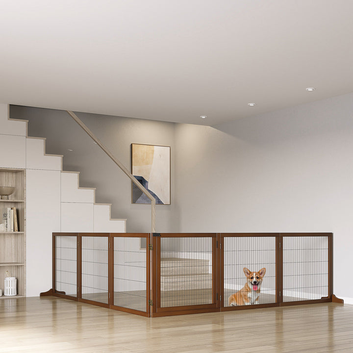 PawHut Wooden Pet Gate, Dog Safety Barrier, Freestanding Foldable Fence, w/ 6 Panels, 2 Support Feet, for House Doorway Stairs, Small & Medium Dogs, Coffee