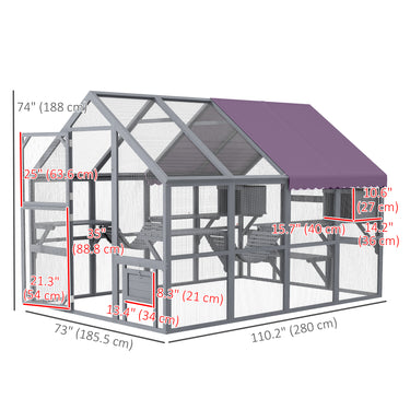 PawHut Outdoor Cat Enclosure Wooden Feral Cat House w/ Weatherproof Canopy, Bridges, Resting Boxes, Platforms, for 3-6 Cats