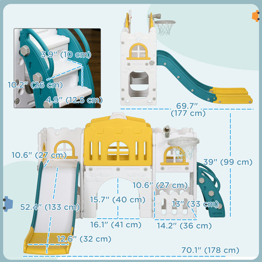 Qaba 7 in 1 Toddler Slide with Basketball Hoop, Climber, Telescope, Tunnel, Steering Wheel, for 1-3 Years, Yellow