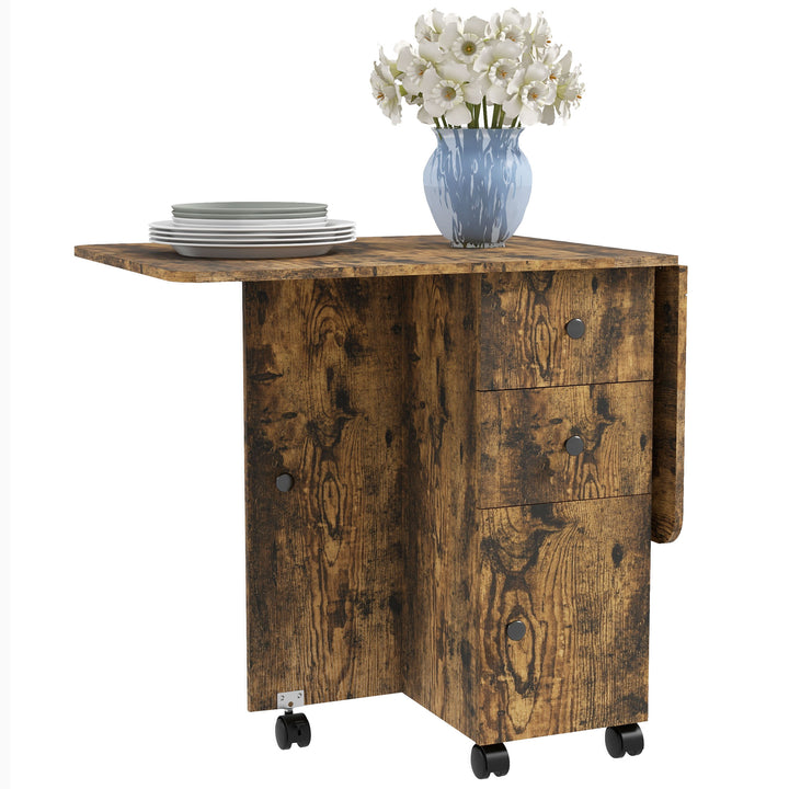 HOMCOM Foldable Dining Table, Rolling Kitchen Table with Storage Drawers and Cabinet, Drop Leaf Table on Wheels, White