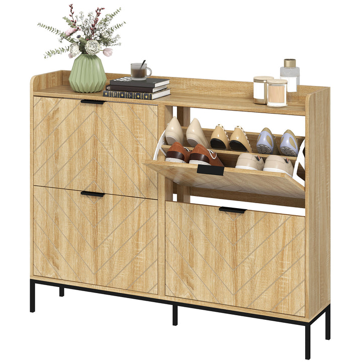 HOMCOM Narrow Shoe Storage Cabinet, Modern Slim Shoe Cabinet with 4 Flip Drawers, 16 Pairs of Shoes for Hallway, Entryway, Oak