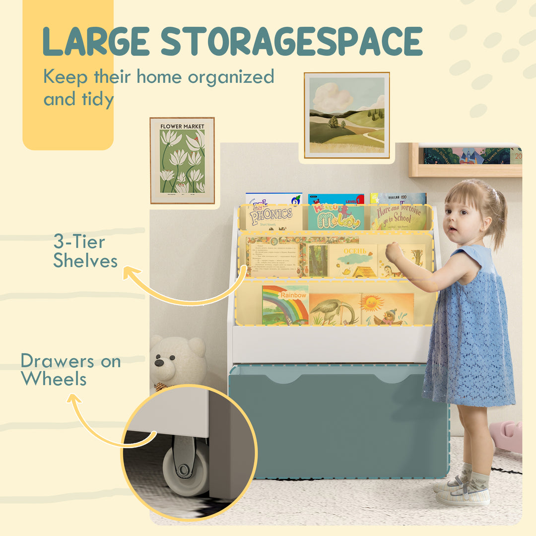 Qaba Kids Bookshelf with 3 Tier Display Shelves, Drawer for Nursery, White